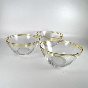 Vtg Arcoroc France Bowls Cereal Salad Soup Clear Glass Yellow Stripes Lot of 3